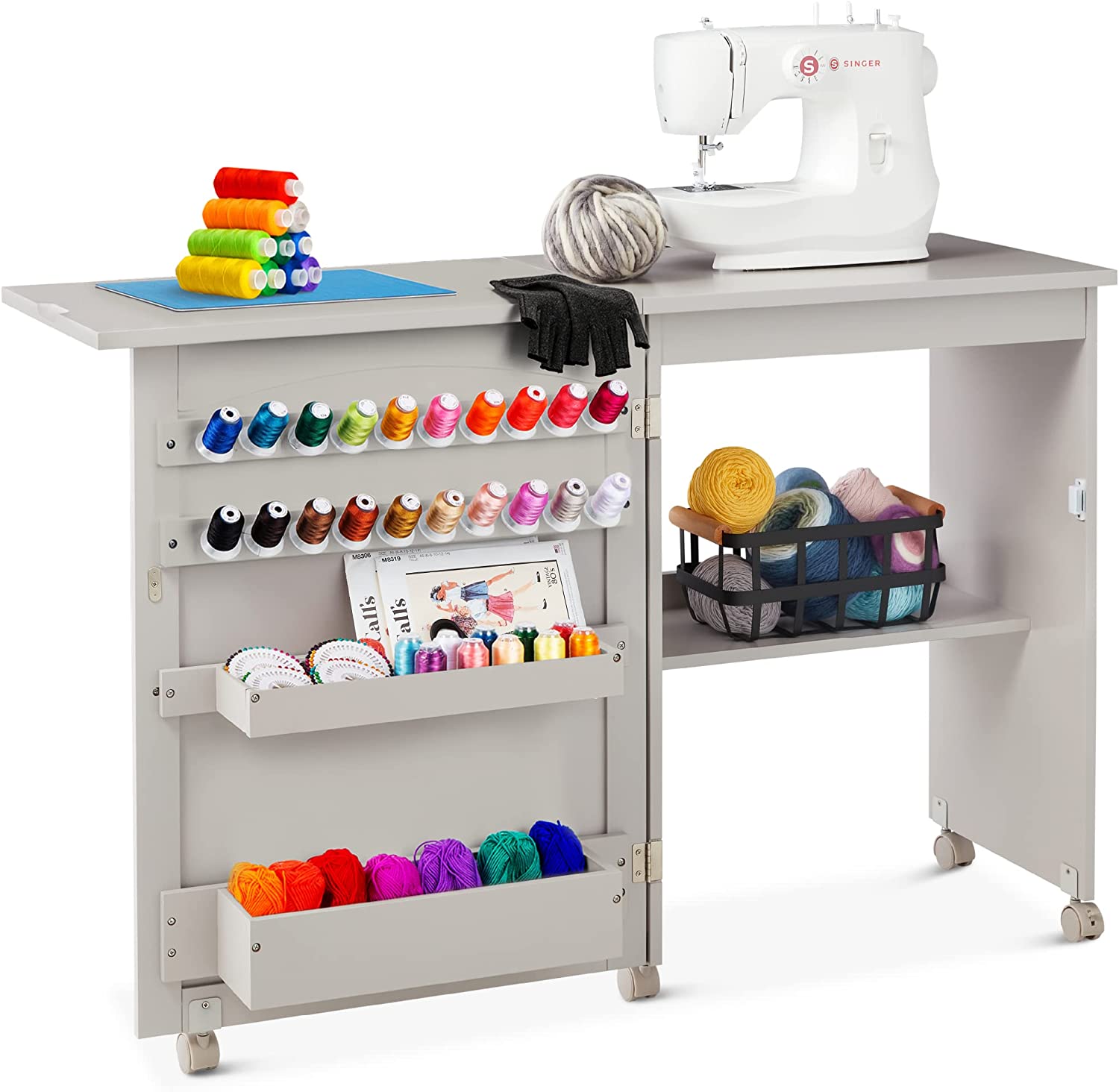 Folding Sewing Table Multipurpose Craft Station \u0026 Side Desk with Compact Design, Wheels, Shelves, Bins, Pegs, Magnetic Doors, Metal Doorknobs - Gray